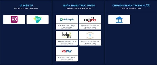 BWING cung cấp 3 phương thức nạp tiền vào nhà cái