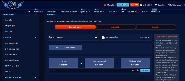 Giao diện điền thông tin rút tiền BWING