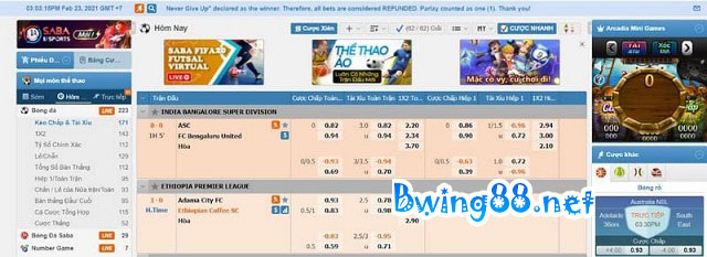 Giao diện bảng kèo bóng đá nhà cái Bwing khi đặt cược