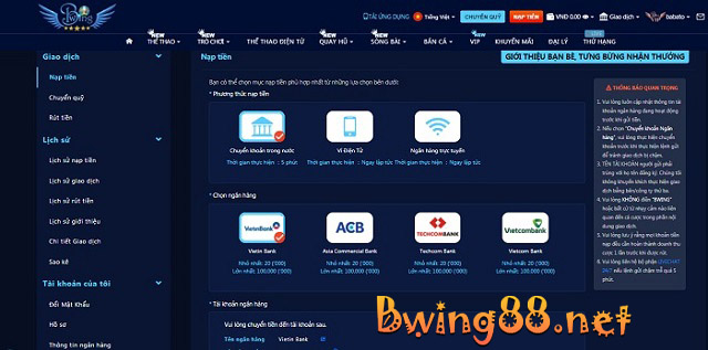 Giao diện nạp tiền thông qua phương thức ngân hàng